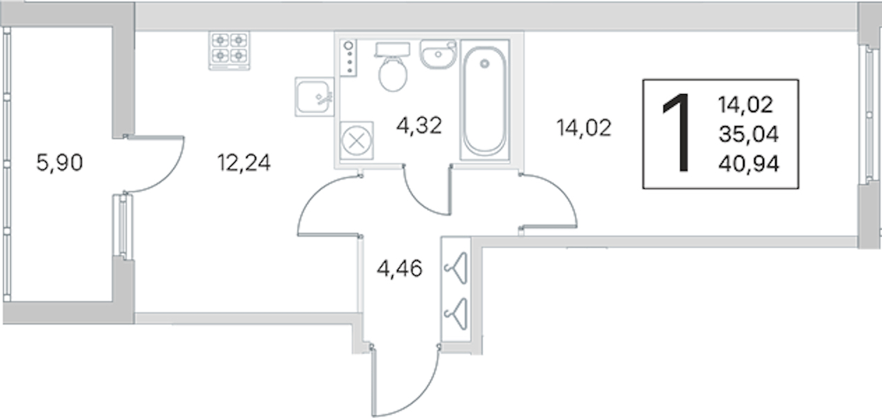 1-комнатная квартира 35.04 м², 1/4 эт., ЖК «Любоград в Стрельне»